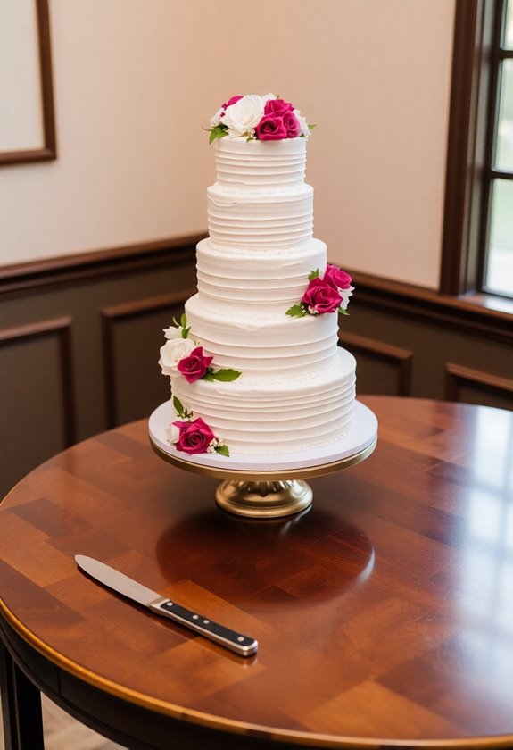 cutting multi tiered wedding cake