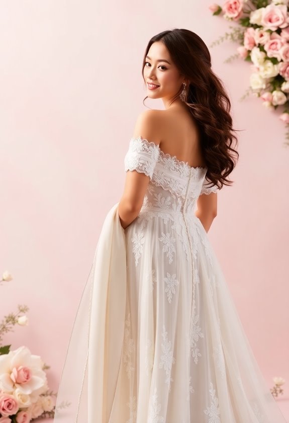 flirty off the shoulder wedding dress